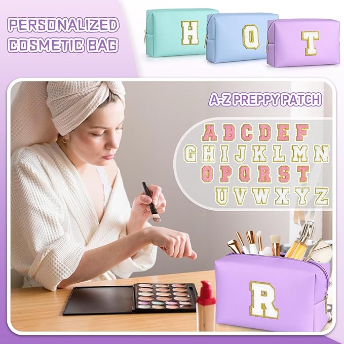 TOPEAST Personalized Birthday Gifts for Women, Preppy Patch Makeup Bag, Chenille Letter Pouch Cosmetic Bag, Travel Organizer, Gifts for Friends, Cute Stuff for Women (Purple L)