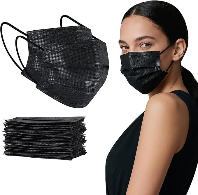 akgk 100Pcs Disposable Face Masks, Black Face Mask, 3 Ply Disposable Mask