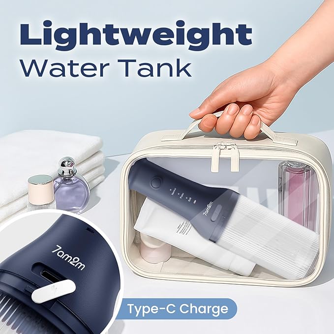 7AM2M Portable Cordless Water Flosser, Oral Irrigator with 3 Modes & 2 Tips, Fast Rechargeable, IPX7 Waterproof, Dental Water Flosser for Travel and Home Use (Navy Blue)