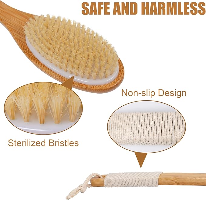 OWIIZI Bath Brush Bamboo Curved Long Handle Antiskid Body Brush for Exfoliating, Natural Bristles Shower Scrubber for Back Use Wet or Dry,Back Scrub Deep Cleanse-17.9inches