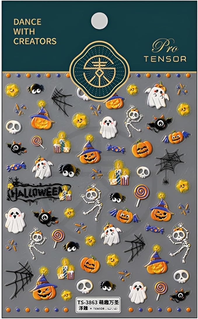 Halloween Nail Stickers for Nail Art Cute Ghost Design 5D Embossed Nail Decals Pumpkin Skull Spider Web Nail Art Stickers Halloween Nail Supplies DIY Manicure for Women Girls