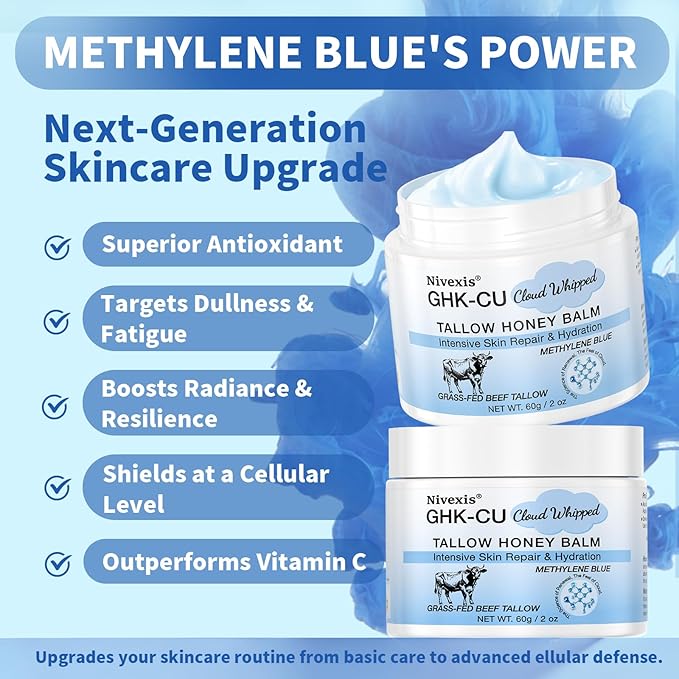 Methylene Blue Whipped Beef Tallow for Skin, Grass Fed Beef Tallow and Honey Balm for Face & Body, with Copper Peptides GHK-Cu Anti-Aging Moisturizer, Suitable for All skin types, 2 Oz