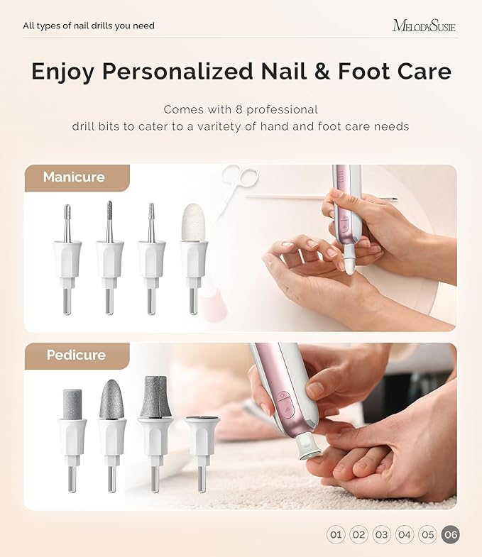 MelodySusie Cordless Pedicure & Manicure Nail Drill Kit, PC760G for Salon-Quality Foot Care for Home & Travel, Rechargeable with 5 Speeds, 8-in-1 Bits, 360° LED Light & Anti-Dust Shield