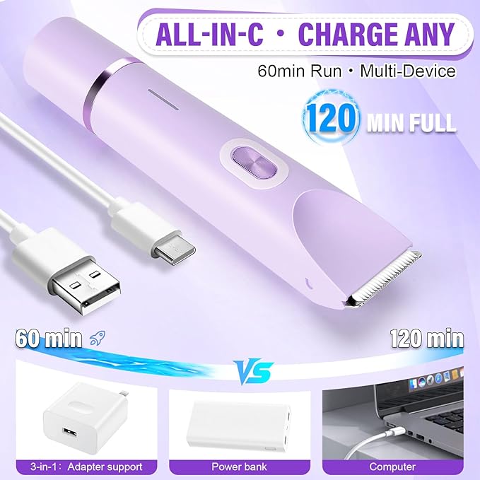 Women's Bikini Trimmer, 2-in-1 Electric Shaver for Bikini Line, Legs, Underarms, Face - Waterproof Women's Electric Shaver for Sensitive Skin, USB Rechargeable(Purple)