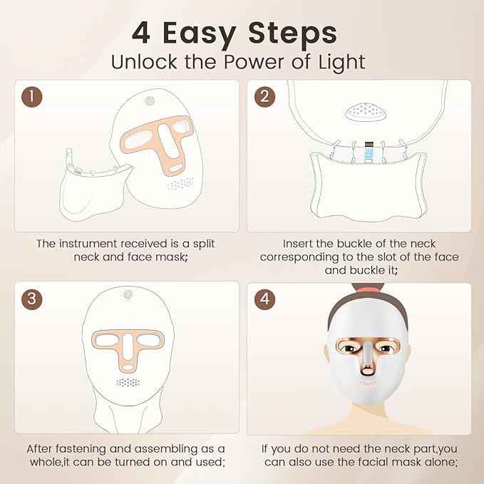 Red Light Therapy Mask for Face & Neck, LED Face Light Therapy,USB C Rechargeable,Infrared Mask for Home Working Travel Yoga (White Gold)