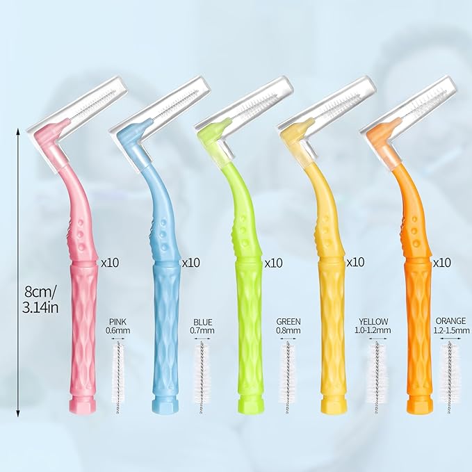 50pcs Interdental Brushes, 5 Sizes Braces Brush Set Soft Dental Brushes with Non-Slip Handle Angled Head Tooth Picks Floss Sticks Dental Floss Brushes for Braces Oral Cleaning