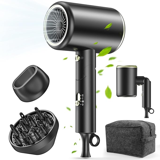 Hair Dryer, 150000RPM Ionic Blow Dryer - Fast Drying, Low Noise, Foldable Portable with Diffuser and Nozzle, Compact Mini for Women and Men, Home and Travel - Black