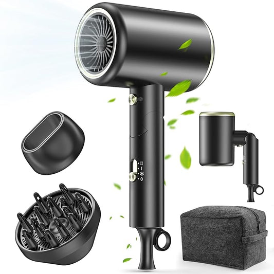 Hair Dryer, 150000RPM Ionic Blow Dryer - Fast Drying, Low Noise, Foldable Portable with Diffuser and Nozzle, Compact Mini for Women and Men, Home and Travel - Black