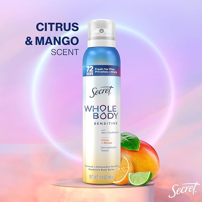 Secret Whole Body Deodorant for Women, Spray Citrus & Melon Scent, Aluminum Free Deodorant Spray, 72 HR Odor Protection, 3.5 oz