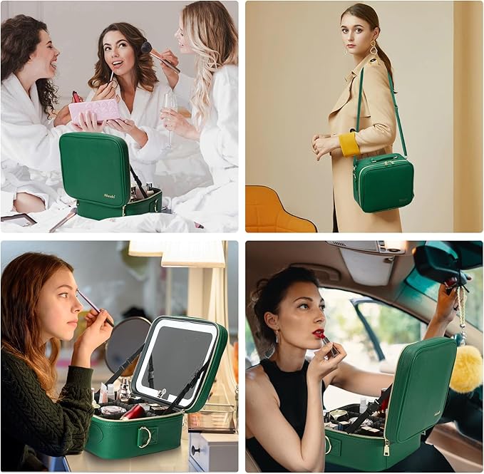 Mocado Travel Makeup Bag with LED Lighted Mirror,Travel Makeup Organizer,Makeup Case with 3 Color Lighted Setting and 10x Magnifying Mirror,Portable Storage and Adjustable Dividers Makeup Box(Green)