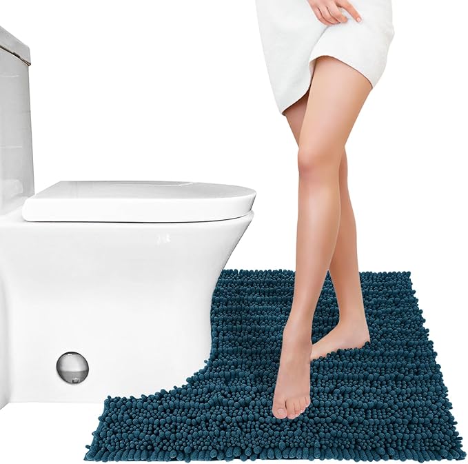 Yimobra Toilet Rug U Shaped Washable 24x20 Inch - Ultra Soft Absorbent Chenille Bath Rugs for Toilet, Quick Dry & Machine Washable, Non Slip Contour Bathroom Mat, Peacock Blue