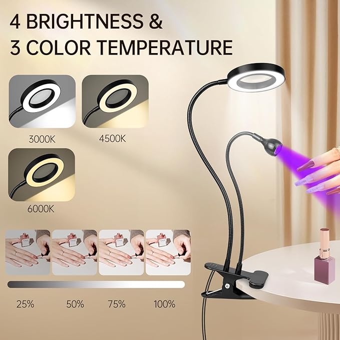 AORAEM LED UV Nail Lamp: Double-Headed Gooseneck U V Lamp for Gel Nails, LED Flash Cure Light with 6X Magnifier Home DIY Salon, Black