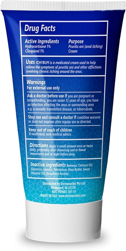 Ichybum Anal Itching Cream, Hemorrhoid Itch Cream for Chronic Itch, Hemorrhoids, & Athlete’s Foot, Contains Hydrocortisone & Clioquinol, 28g