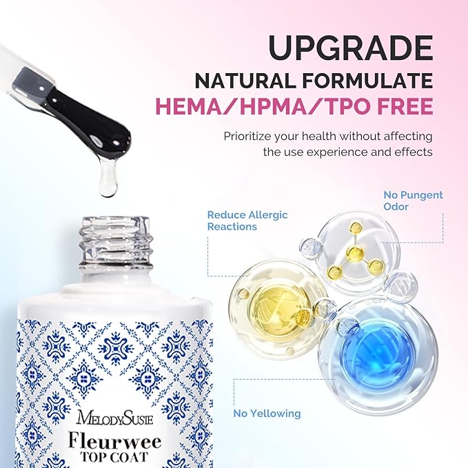 MelodySusie Fleurwee No Wipe Glossy Top Coat & Base Coat Gel Nail Polish Hema Free 21 Non Toxic Soak off UV Long Lasting No Chip Gifts for Women Finger Toe Nail Polish (Pack of 2)