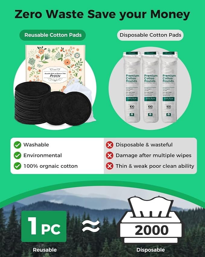 ProCIV Reusable Makeup Remover Pads - 25 Pack Washable Organic Cotton Rounds for All Skin Types & Toner with Laundry Bag, Eco Friendly Zero Waste Reusable Cotton Pads Travel Gadgets (Black)