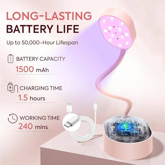 UV LED Nail Lamp, Gooseneck Gel X Mini Flash Cure Lamp, 36W Cordless Portable USB Rechargeable Nail Dryer with Auto Sensor, 4 Timers & LCD Display for DIY Home Manicure (Pink)