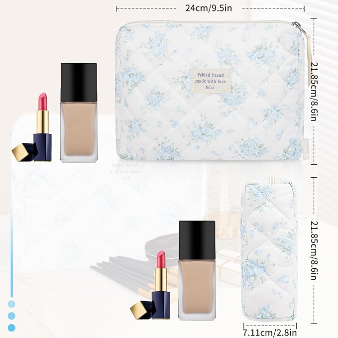 Floral Makeup Bag, Large Cosmetic Bag for Women Girls, Cute Cotton Makeup Pouch, Quilted Makeup Bags, Flower Travel Toiletry Organizer Bag(Blue Rose)