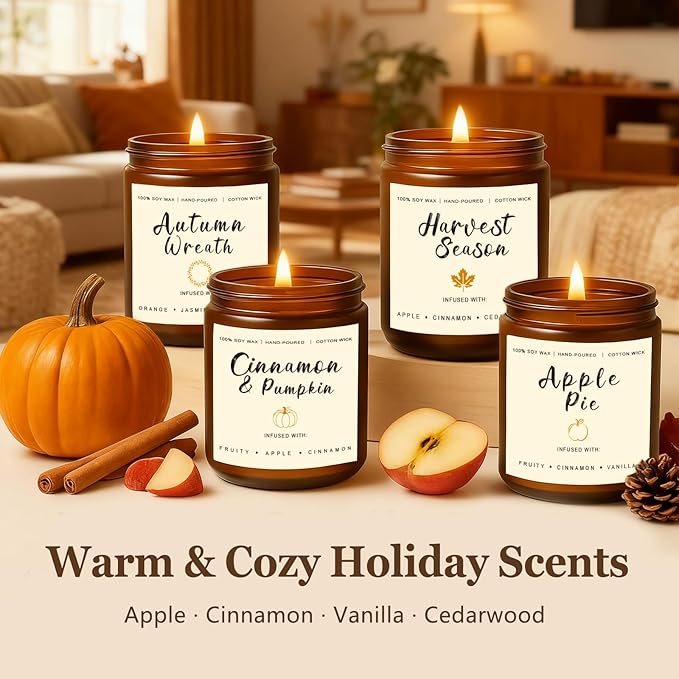 Holiday Candle Gift Set – Cinnamon Pumpkin, Apple Vanilla, Orange Jasmine Coconut, Cedarwood Spice – Long Lasting Soy Candles for Home, Thanksgiving & Christmas Gifts for Women