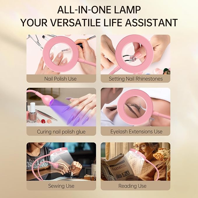 AORAEM LED UV Nail Lamp: Double-Headed Gooseneck U V Lamp for Gel Nails, LED Flash Cure Light with 6X Magnifier Home DIY Salon, Pink