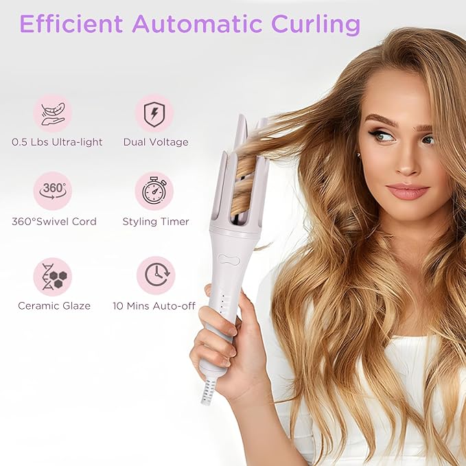 Automatic Curling Iron, 1.5 Inch Hair Curler with 4 Temp. Options, 10S Fast Heating, 2-Way Rotation, 30 Min Auto Shut-Off, Anti-Scald-Tangle for Long Hair, Dual Voltage for Travel (Khaki)