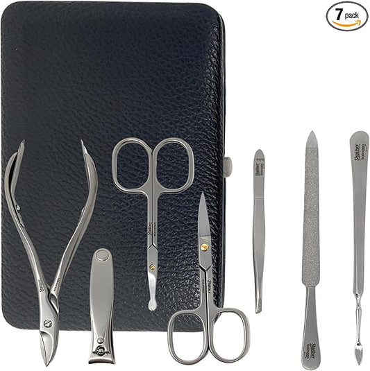 SHPITSER Professional 7pc TopInox Surgical Stainless Steel Tools Manicure Pedicure Set in Genuine Durable Leather Case Handmade in Solingen Germany for Nail and Cuticle and Nose Care