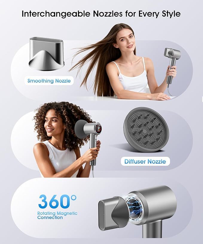 High-Speed Ionic Hair Dryer with Diffuser, 150,000 RPM Brushless Motor Blow Dryer for Fast Drying & 500M Negative Ionic Frizz Control, Low Noise Compact Hair Dryer for Women Home Travel Salon