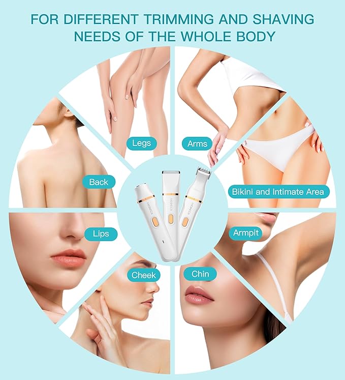 Bikini Trimmer for Women, 3in1 Electric Razor for Women with Facial Trimmers & Intimate Shaver for Sensitive Skin, Waterproof Wet & Dry Use Rechargeable Pubic Hair Trimmer Removal