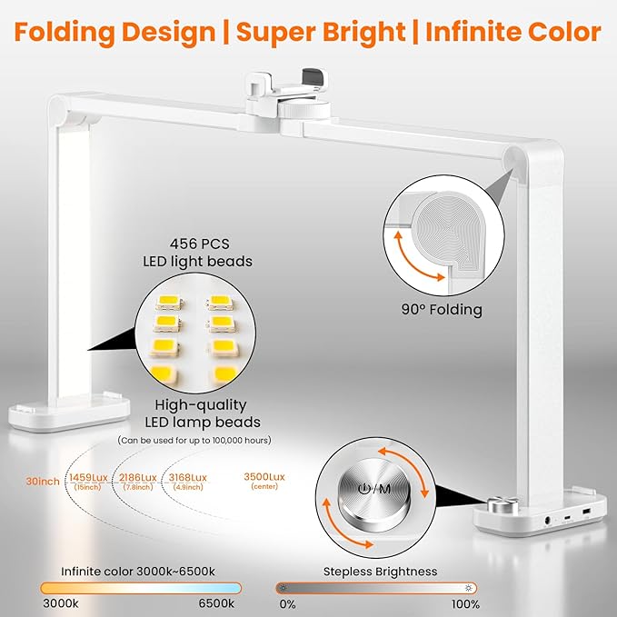 Nail Light for Desk,34 Inch 48W Half Moon Light-Adjustable 3000K-6000K Color Temp, 0-100% Brightness,Nails lamp with Phone Stand,for Nails Art,Tattoo,Eyebrow,Beauty,Reading,Salon