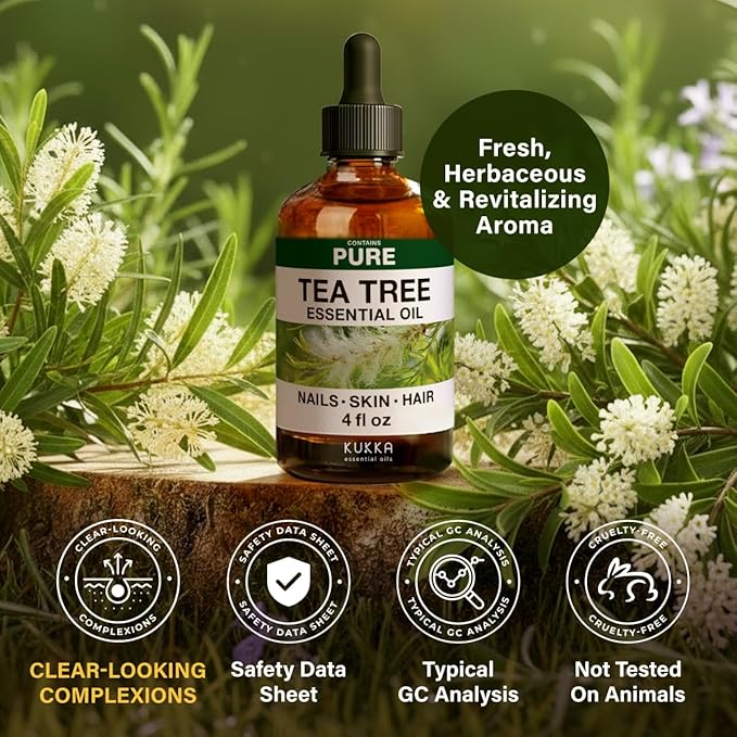 KUKKA Tea Tree Essential Oils - 4 Fl Oz - for Hair, Skin, Diffuser, Aromatherapy & DIY Soap Making Scent