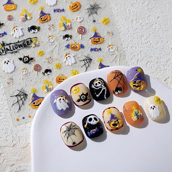 Halloween Nail Stickers for Nail Art Cute Ghost Design 5D Embossed Nail Decals Pumpkin Skull Spider Web Nail Art Stickers Halloween Nail Supplies DIY Manicure for Women Girls