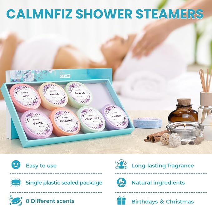 Shower Steamers 8 Pack Set Shower Bombs Tablets in Box with 8 Fragrances with Shea Butter for Self-Care & Relaxation, Idea for Christmas, Women and Men
