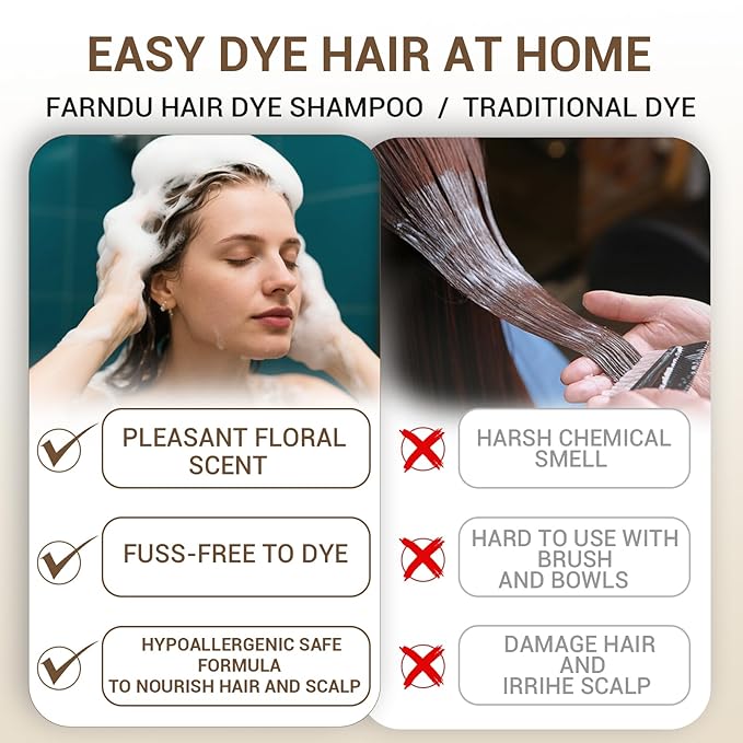 Dark Brown Hair Dye Shampoo for Women Men, 3 in 1 Hair Color Shampoo Dye for Grey Hair Coverage Champu Para Canas Mujer