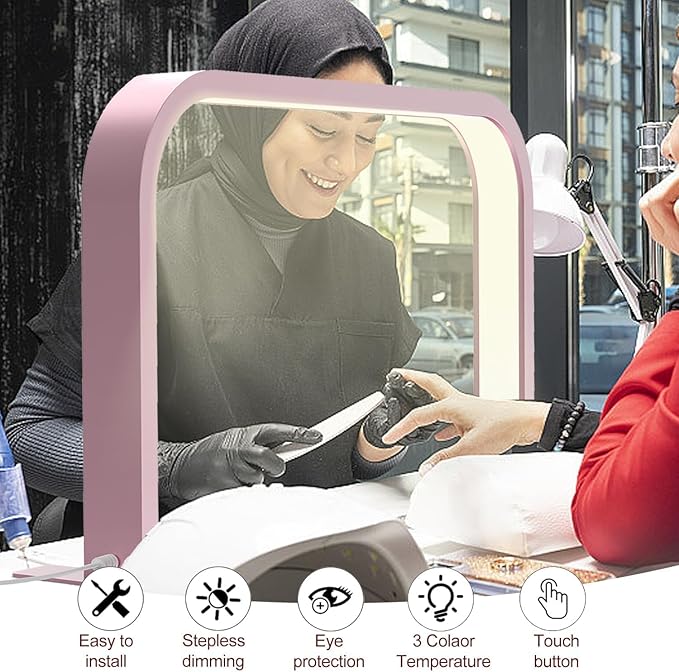 Half Moon Nail Desk Lamp, 45W LED Nail Tech Desk Light with Phone Holder, Half Moon Nail Light 3000-6000K Adjustable Brightness, Nail Table Arch Lamp, for Manicure Lash Eyelas (Pink), YY111