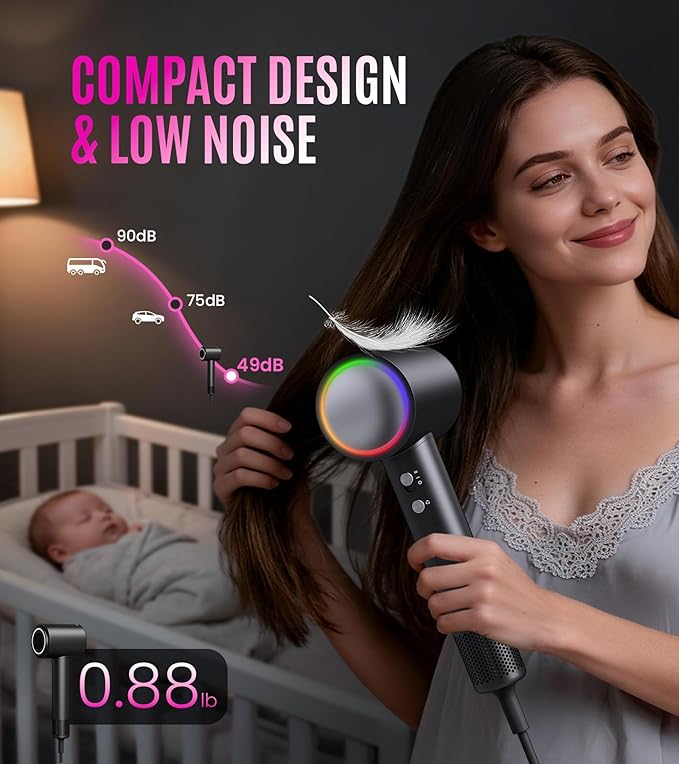 16W RPM High-Speed Hair Dryer for Fast Drying, Quiet lonic Blow Dryer with Frizz Control & No Heat Damage, Lightweight Travel Hair Dryer with Magnetic Nozzles for Curly & Straight Hair (Gray)