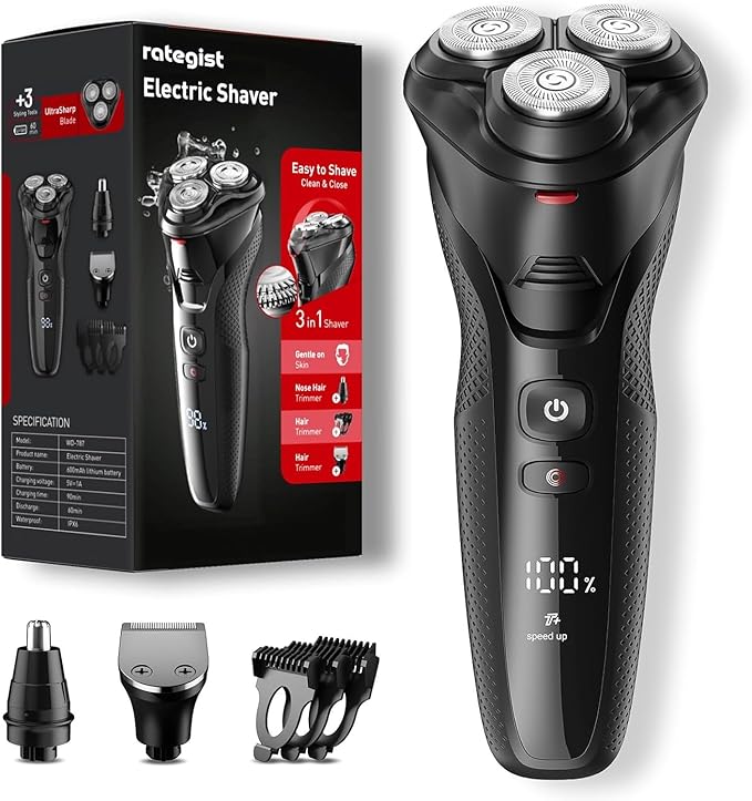 Cordless Electric Razor for Men: 3-in-1 Shaver for Beard/Nose/Sideburns - IPX7 Waterproof Travel Kit - Turbo Speed & Precision Blades,Eclipse Black