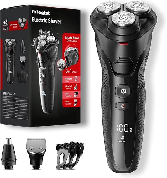 Cordless Electric Razor for Men: 3-in-1 Shaver for Beard/Nose/Sideburns - IPX7 Waterproof Travel Kit - Turbo Speed & Precision Blades,Eclipse Black