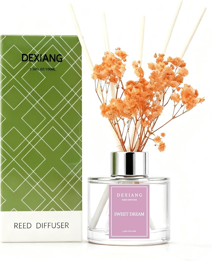 Reed Diffuser Set - 3.38 fl oz Sweet Dream Premium Scented Oil with Preserved Baby's Breath & Cotton 6 Sticks | Long-Lasting Aromatherapy for Home, Bedroom, Bathroom, Office Home Decor