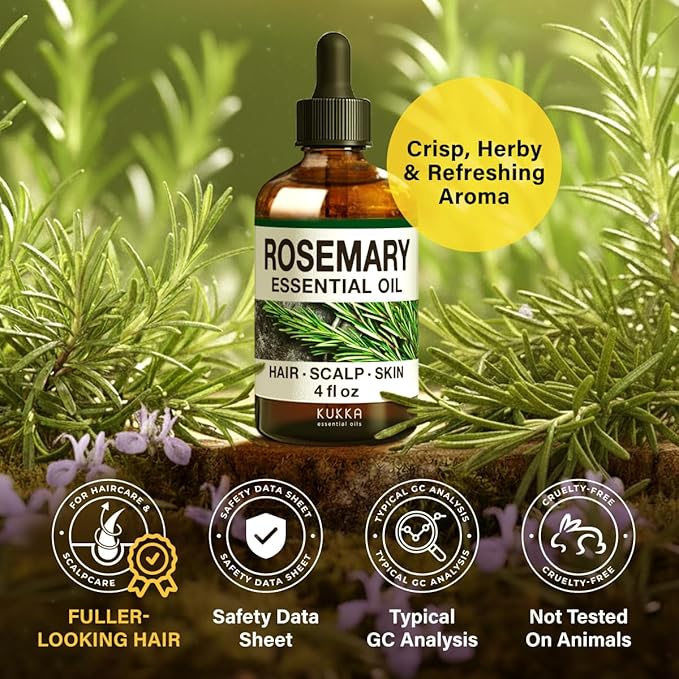 KUKKA Rosemary Essential Oils - 4 Fl Oz - for Hair, Skin, Diffuser, Aromatherapy & DIY Soap Making Scent