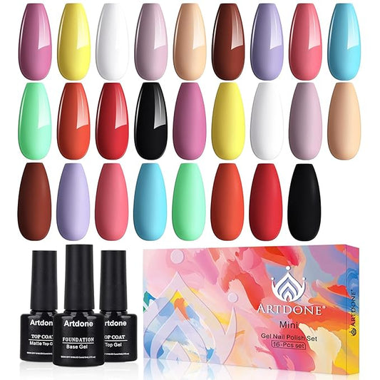 Artdone Gel Nail Polish Set Solid UV Gel 16 Bottles Set Include Top & Matte Top Coat and Base Coat White Pink Yellow Blue Red Colors For All Seasons Neutral Soak Off Manicure Kit For Nail Art