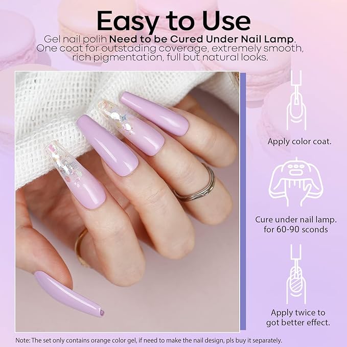 modelones Pastel Gel Nail Polish, 15 ML Purple Gel Polish Lavender Periwinkle Nail Polish Soak Off U v LED Pale Macaron Colors Summer Nail Art DIY Manicure at Home Gift for Women