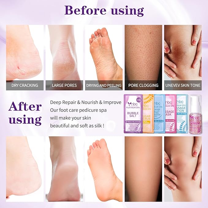 Pedicure Kit Foot Soak Set: Bubble Salt, Sugar Scrub, Massage Mask, Massage Lotion in a Box, 4 Step Foot Spa Kit for Dry Feet,Tired Feet(Lavender)