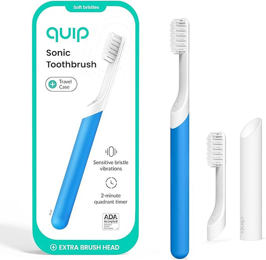 Quip Sonic Toothbrush for Adults with Timer - Includes Extra Brush Head and Travel Cover Mount - Electric, Soft Bristle Refill Head, Plastic Handle, 3 Month Battery Life - Travel Toothbrush - Blue