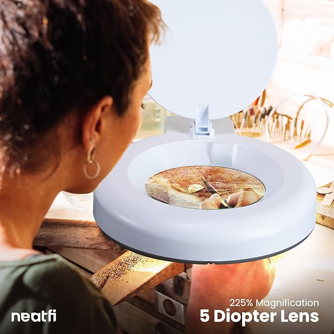 (New Model) Neatfi LED Magnifying Lamp with Clamp, 12W, 60 SMD LEDs, Adjustable Step Dimming Brightness, Desk Lamp Magnifier Light for Crafts, Painting, and Hobbies (White, 5-Diopter)