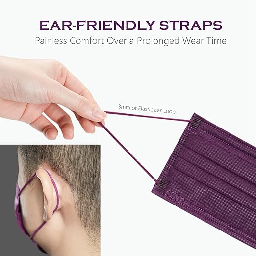 CSD Colo 30 Pcs Purple Disposable Face Masks, 3 Ply Adult Mask with Elastic Ear Loop, Nose Bridge Clip, Breathable Comfortable Mask Great for Indoor, Outdoors Use (Ultra Violet)