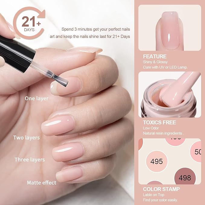 RARJSM Nude Gel Polish Set Jelly Pink Collection of 6 Transparent Natural Colors Sheer Pink Milky Mavue Purple Light Brown French Manicure LED UV Gel Nail Polish Soak Off Curing Requires Home Salon