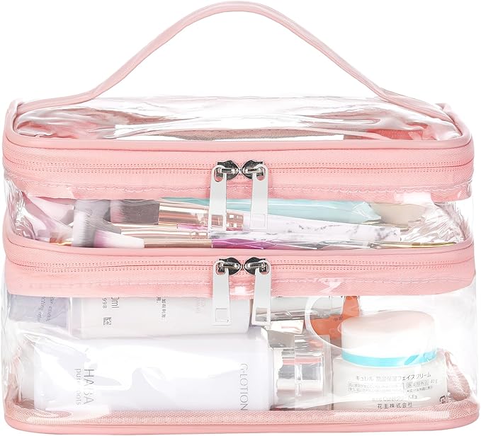 HAOGUAGUA Double Layer Clear Cosmetic Bag Makeup Bag, Waterproof Travel Toiletry Bag, Transparent PVC Pouch Organizer (Pink Large)