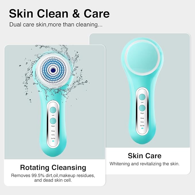 Face Scrubber Exfoliator, Rechargeable Facial Cleansing Brush with 2-Way Rotation & 3 Modes, 30-Day Runtime, 5 Brush Heads for SPA-Level Care, IPX7 Waterproof, Deep Cleaning for All Skin Types