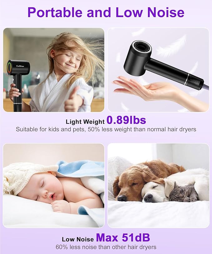 High-Speed Ionic Hair Dryer: 150000 RPM Brushless Motor 500 Millions Negative Ionic Care Blow Dryer for Fast Drying Low Noise Thermo-Control Hairdryer, Travel with Magnetic Diffuser & Nozzle