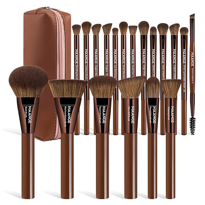 MAANGE 20 PCS Makeup Brushes with Case Professional Makeup Brush Set Premium Synthetic Face Kabuki Foundation Brush Kit (Coffee)