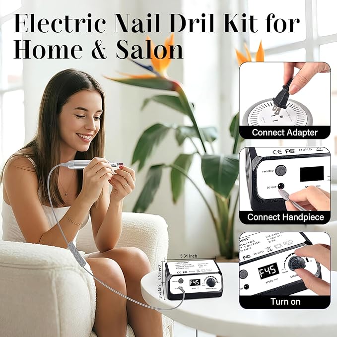 Nail Drill 45000RPM Professional Electric Nail File with Sanding Bands and Nail Drill Bits for Acrylic, Gel Nail Manicure & Pedicure, Black